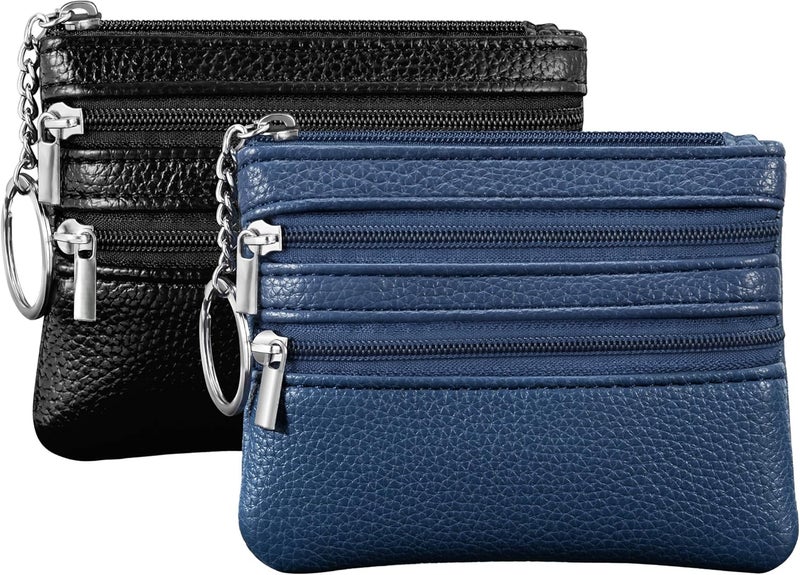 Chelmon 2 Pack Coin Purse Pouch Change Card Holder Wallet with Keychain for Women and Men (Black & Blue) - Image 1